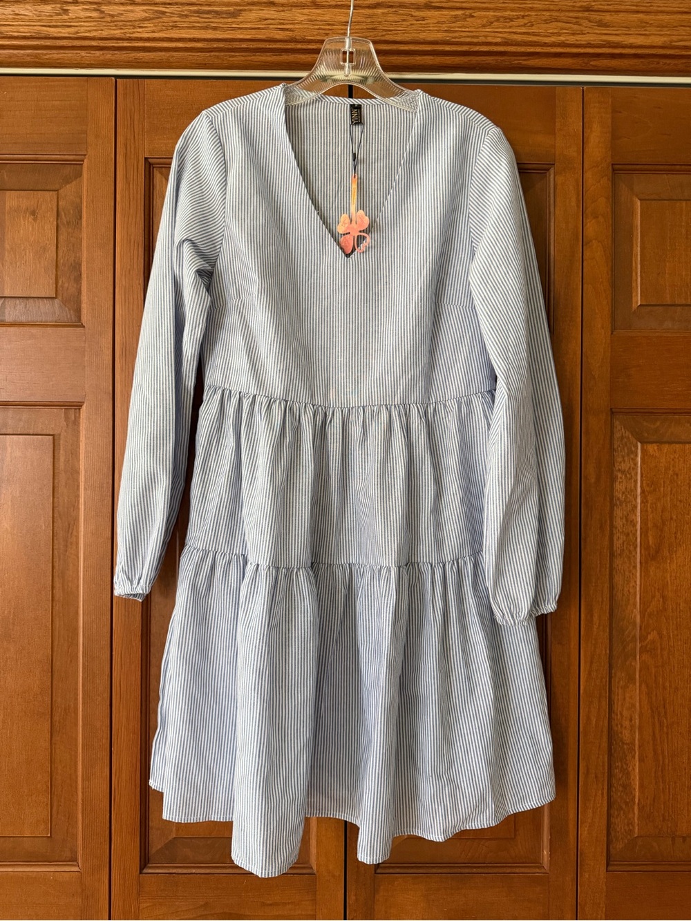 Girls Blue Stripe Tiered Long-Sleeve Dress